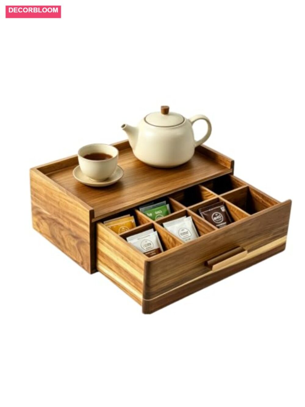 Acacia Wood Tea Bag Organizer with Drawer 8 Compartments Storage Box